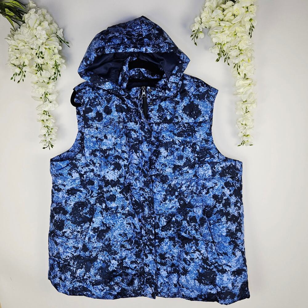 Susan Graver Hooded Puffer Quilted Vest Size 2X XXL Blue Abstract Winter Cozy